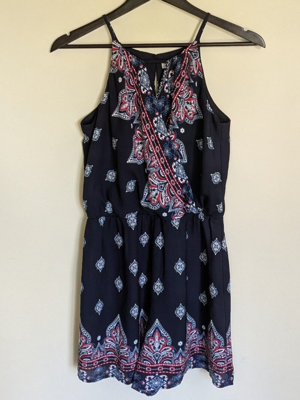 Navy Spaghetti Strap Crossover Front Romper Red and White Printed Trim Size S